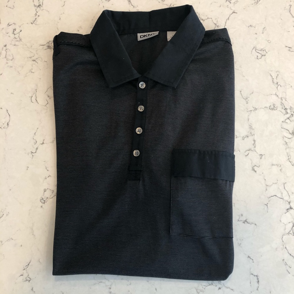 DKNY black striped polo in size L